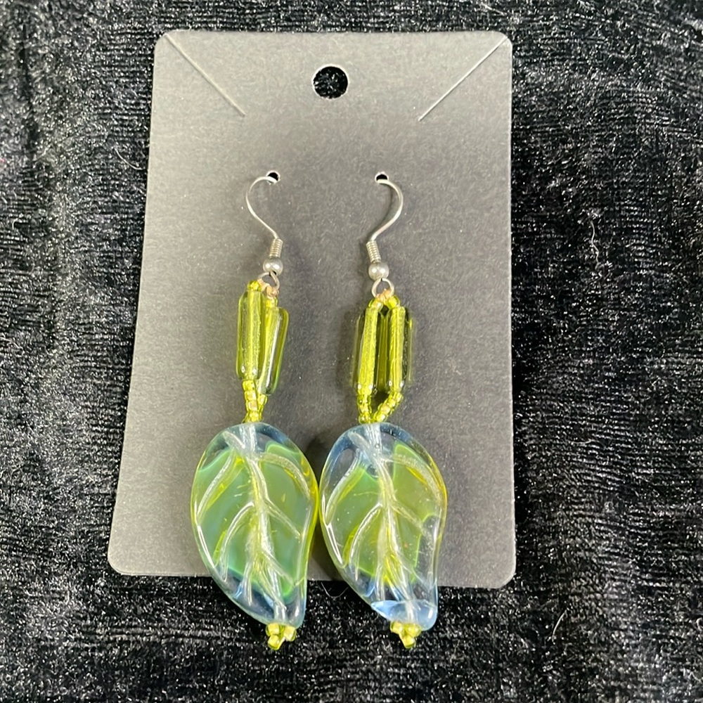 Glass leaf beaded earrings.